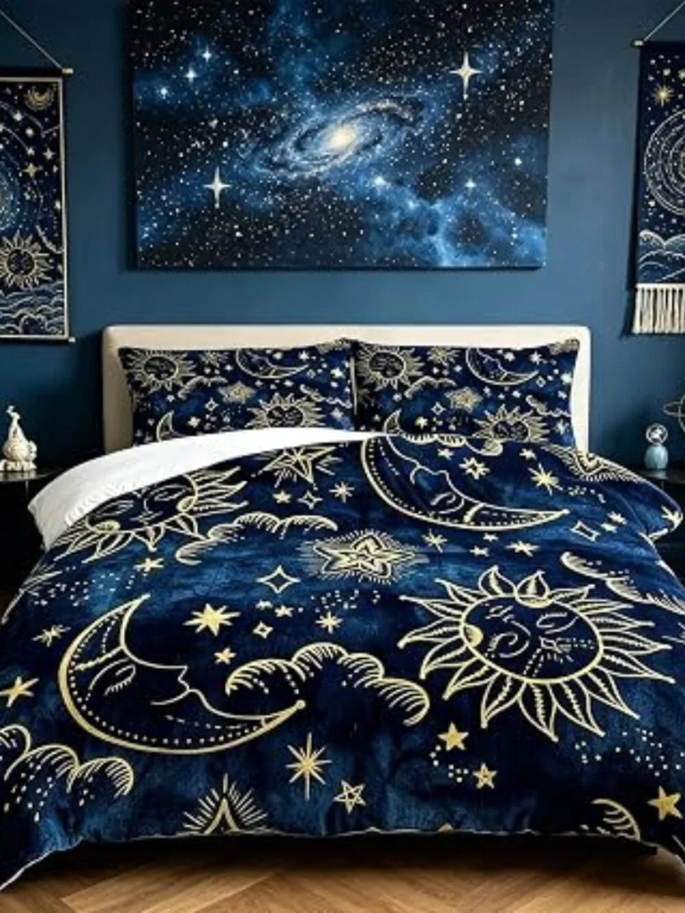 Celestial Comforter Set Full Size Blue Gold Sun and Moon Boho Bedding for Kids A